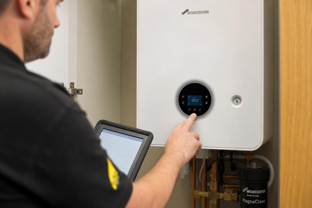 Gas Safe engineer repairing a Worcester Bosch boiler