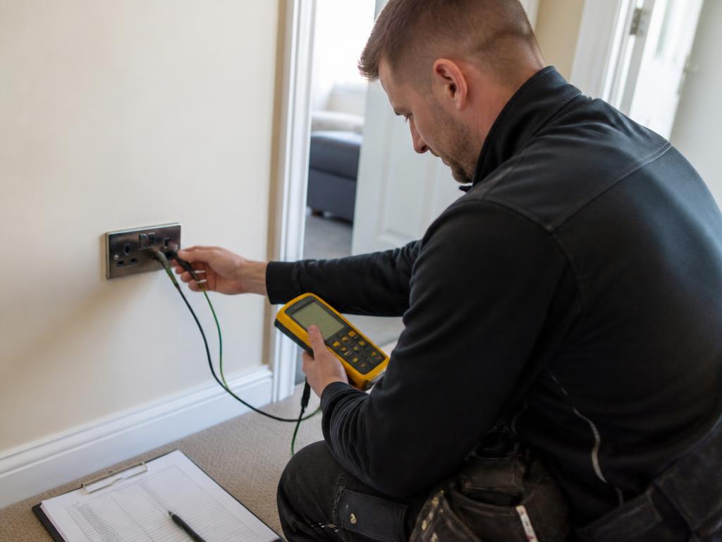Electrician carrying out EICR testing on a socket outlet with an installation tester