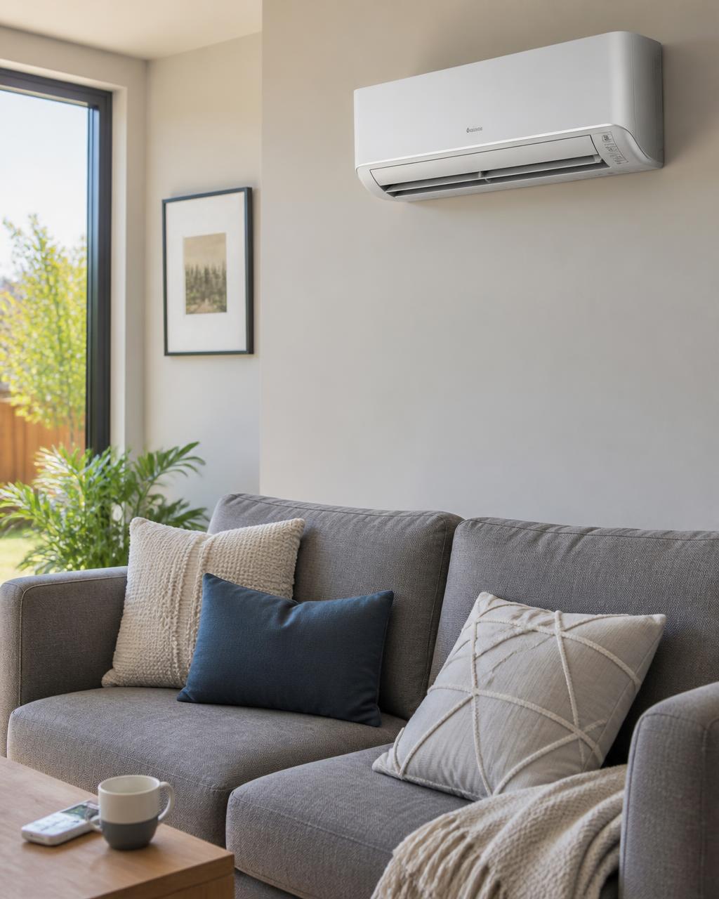 Wall-mounted home air conditioning unit cooling a bright living room
