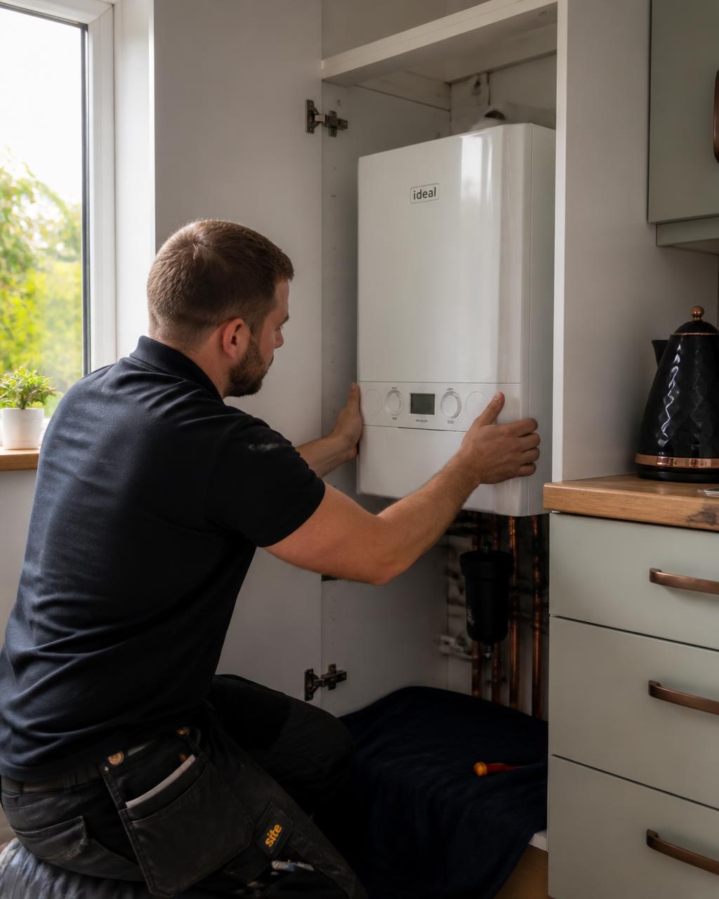 Heating engineer fitting a new combi boiler in a kitchen cupboard