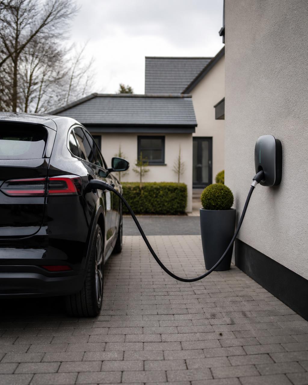Home EV charger and electrical installation on a modern house wall