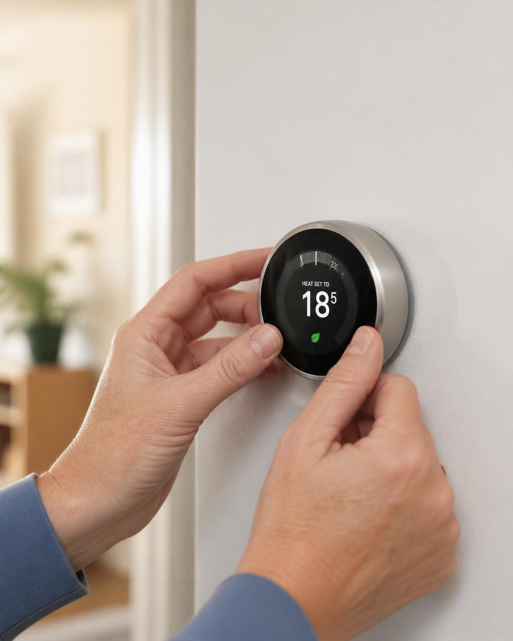 Smart heating thermostat on a wall being adjusted, illustrating common boiler problems