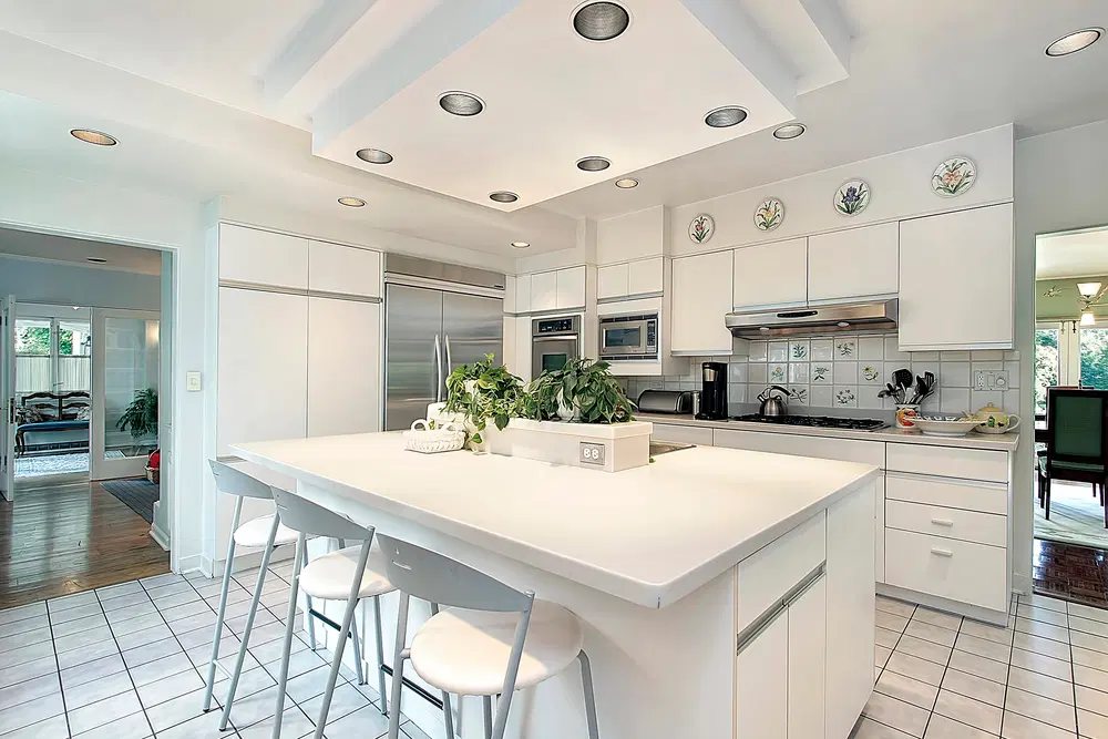 Modern white kitchen with tiled floor and plants on an island in the middle